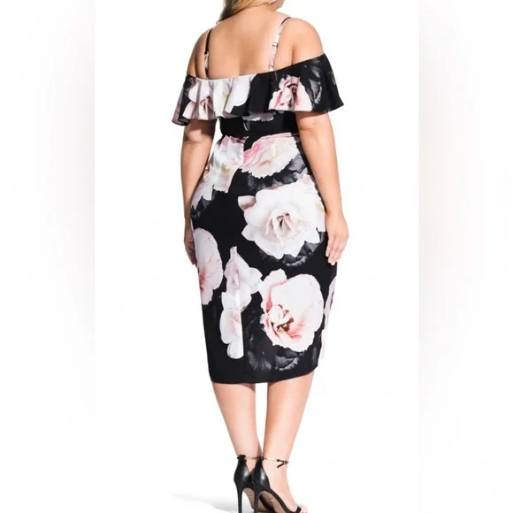 City Chic Cold Shoulder Dress Black Austin Floral Rose Draped Plus Size M 18 - Picture 3 of 15